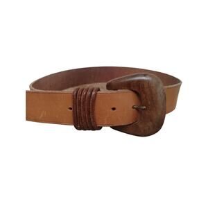 Y2K Vintage Omega Women's Size Medium Leather & Wood Hippie Grungecore Belt
